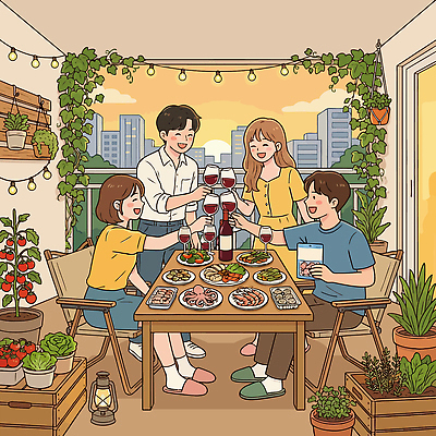 감정 관계 탁자 표정 이벤트 빛 식사 파일형식 벡터 저녁식사 친구 건배 발코니 도시 음료 음식 식탁 파티 모임 햇빛 즐거움 웃음 일러스트 국내일러스트 AI파일