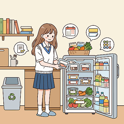 컨셉 라이프 가전제품 파일형식 벡터 학생 주방 냉장고 음식 정리 과일 채소 음료 쓰레기통 건강 식사 관리 계획 일상 생활 가정 일러스트 국내일러스트 AI파일