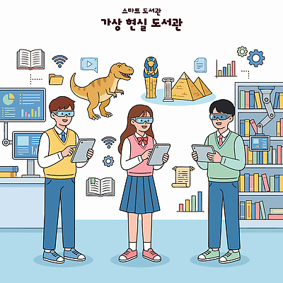학생 교육 문화 과학 일러스트 책 학습 태블릿 독서 자료 체험 역사 강의 가상현실 국내일러스트 AI파일 컨셉 전자제품 스마트기기 파일형식 벡터