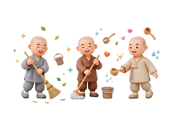 PSD 편집이미지 남자 가사 불교 협력 바닥 웃음 세명 물 청결 승려 빗자루 청소 즐거움 동자승 승복 대걸레 편집3D 자연요소 감정 종교 표정 사람 3D 위생 성직자 청소도구 파일형식