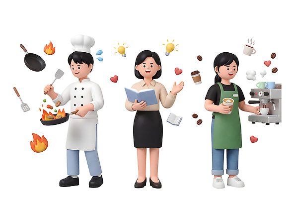 PSD 편집이미지 직업 여자 남자 커피 음료 불 노동자 요리 책 세명 주방 요리사 교사 업무 오브젝트 바리스타 근로자의날 편집3D 자연요소 기념일 사람 3D 작업 파일형식
