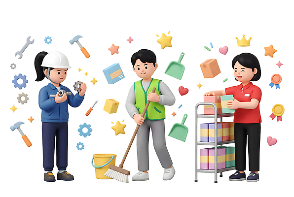 PSD 편집이미지 직업 여자 남자 노동자 작업복 사람 세명 도구 업무 작업 청소도구 청소 오브젝트 정리 정비공 청소부 조립 근로자의날 편집3D 옷 기념일 3D 기술자 파일형식