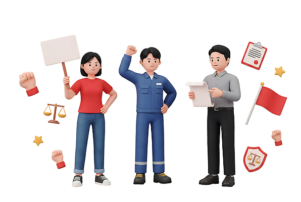 PSD 편집이미지 여자 남자 노동자 사람 세명 주먹 모임 표지판 민주주의 문서 신호 법 노력 근로자의날 주장 권리 편집3D 직업 기념일 모션 알림판 3D 파일형식
