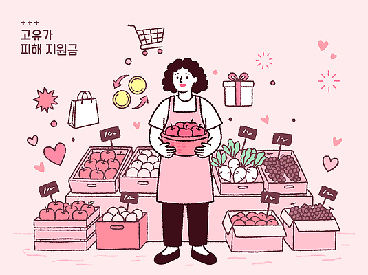 컬러 농업 가방 사람 상승 정책 지원 파일형식 벡터 지원금 여자 판매 과일 채소 상자 농작물 카트 가격표 쇼핑 쇼핑백 지역사회 경제 국내일러스트 AI파일 일러스트 분홍색 정부정책 고유가