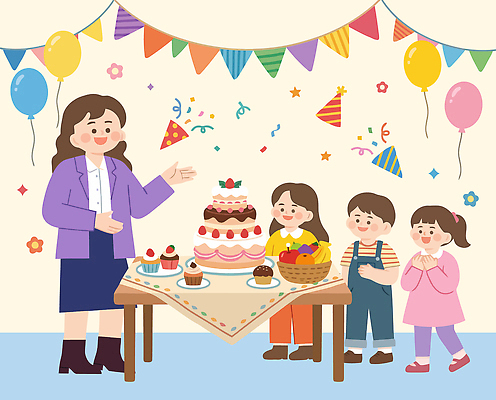 여자 행복 어린이 음식 일러스트 소녀 이벤트 소년 장식 파티 케이크 유치원 기쁨 축하 생일 어린이날 컵케이크 풍선 국내일러스트 AI파일 교육 기념일 남자 감정 컨셉 디저트 사람 파일형식 벡터