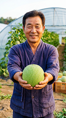 JPG 편집이미지 남자 농업 웃음 농작물 햇빛 농장 수확 신선 작업 멜론 따기 수확철 의료성형뷰티 편집실사 AI인물포토 AI콘텐츠 산업 과일 표정 사람 빛 CG 파일형식 AI포토