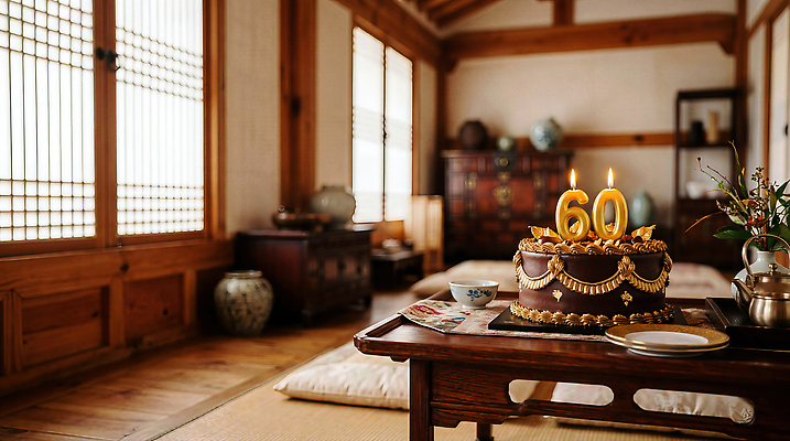 JPG 편집이미지 전통 촛불 탁자 디저트 한옥 기념 케이크 방 축하 생일 숫자초 환갑잔치 편집실사 AI포토 AI콘텐츠 한국전통 기념일 음식 가구 컨셉 고건축 초 CG 파일형식
