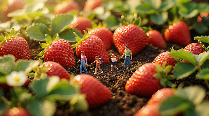 JPG 편집이미지 밭 가족 자연 딸기 농작물 농장 걷기 농사 미니어처 탐험 수확 편집실사 AI컴퓨터그래픽 AI콘텐츠 농업 과일 관계 모션 모형 CG 생태계 파일형식