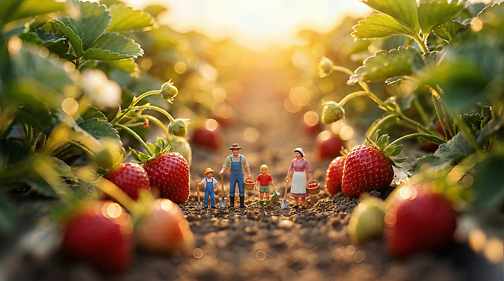 JPG 편집이미지 모자 여자 남자 농업 가족 딸기 농장 농사 미니어처 수확 작업 딸기밭 편집실사 AI컴퓨터그래픽 AI콘텐츠 잡화 산업 밭 과일 관계 사람 모형 CG 파일형식