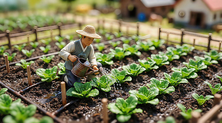 JPG 편집이미지 밭 농업 채소 농작물 농사 미니어처 농부 상추 물주기 물뿌리기 편집실사 AI컴퓨터그래픽 AI콘텐츠 직업 산업 모션 모형 CG 파일형식