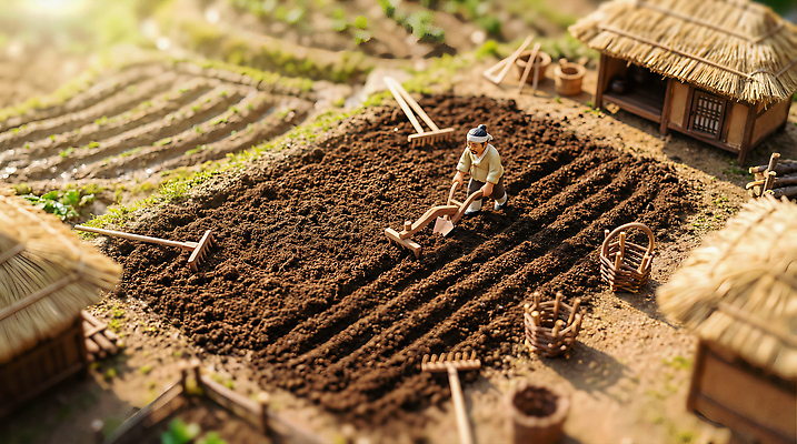 JPG 편집이미지 밭 농업 주택 초가집 풍경 농작물 농사 흙 미니어처 농촌 농부 농기구 밭갈이 편집실사 AI컴퓨터그래픽 AI콘텐츠 직업 산업 한옥 건물 모형 시골 CG 파일형식