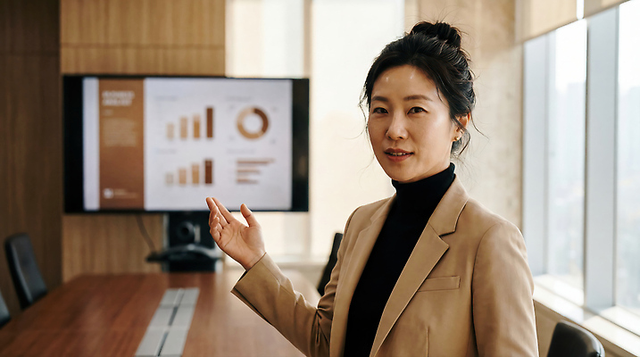 JPG 편집이미지 여자 회사 비즈니스 그래프 설명 사무실 자료 비즈니스우먼 발표 회의실 의료성형뷰티 편집실사 AI인물포토 AI콘텐츠 모션 사람 직장인 CG 파일형식 AI포토 직업
