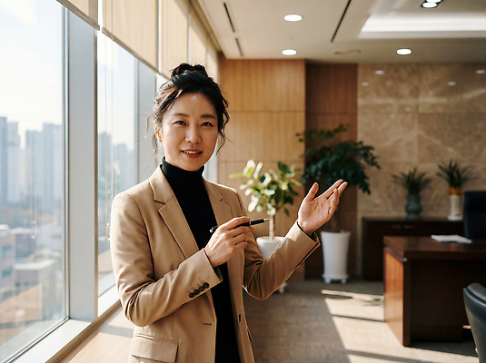 JPG 편집이미지 여자 비즈니스 창문 안내 사무실 펜 도시 사무원 비즈니스우먼 의료성형뷰티 편집실사 AI인물포토 AI콘텐츠 직업 사람 필기구 직장인 CG 파일형식 AI포토