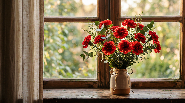 JPG 식물 편집이미지 꽃 실내 장식 햇빛 꽃병 어버이날 스승의날 창가 카네이션 편집실사 AI포토 AI콘텐츠 기념일 창문 내부 빛 CG 파일형식