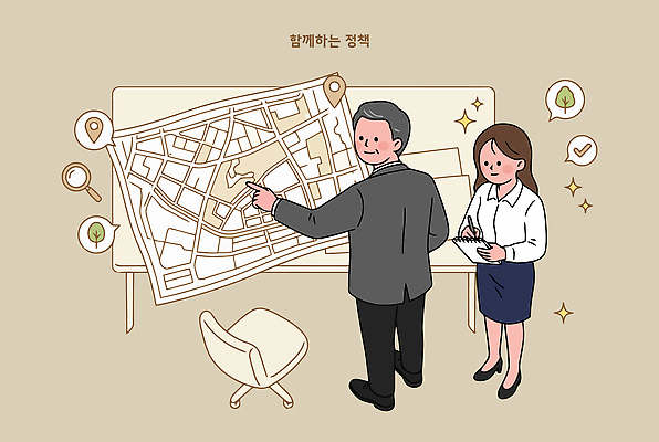 지도 일러스트 회의 협력 함께함 대화 두명 사무실 자료 정보 기록 업무 계획 토론 전략 의견 정책 국내일러스트 AI파일 컨셉 비즈니스 말하기 사람 작업 파일형식 벡터 모션