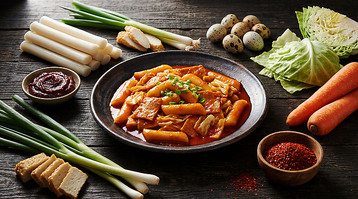 JPG 편집이미지 한식 재료 떡 요리 당근 고명 고추장 어묵 떡볶이 배추 메추리알 대파 나무탁자 편집실사 AI포토 AI콘텐츠 음식 채소 탁자 뿌리채소 알 양념 분식 CG 파 파일형식