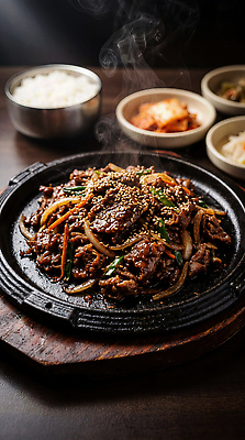 JPG 편집이미지 한식 식탁 밥 반찬 육류 요리 식사 맛 볶음 불판 불고기 편집실사 AI포토 AI콘텐츠 음식 컨셉 식재료 탁자 CG 파일형식