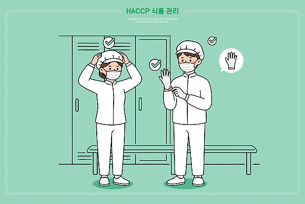 모자 옷 교육 장갑 일러스트 건강 관리 안전 두명 위생 직원 준비 탈의실 국내일러스트 HACCP AI파일 잡화 사람 파일형식 벡터