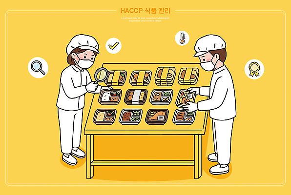 모자 음식 장갑 일러스트 탁자 작업복 안전 두명 작업 감독 위생 검사 평가 국내일러스트 HACCP AI파일 직업 잡화 옷 가구 사람 파일형식 벡터 생활용품 오브젝트
