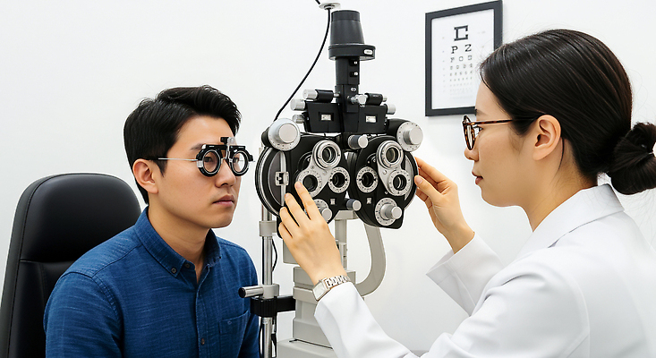 JPG 편집이미지 여자 남자 의학 의료기기 건강 병원 환자 의사 시력 안과 시력검사 의사소통 진료실 의료성형뷰티 편집실사 AI인물포토 AI콘텐츠 사람 진료 의료진 CG 검사 파일형식 AI포토
