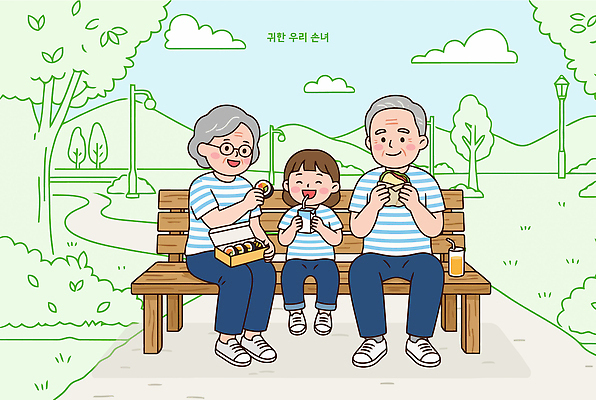 나무 공원 여자 할아버지 남자 행복 할머니 음료 벤치 일러스트 가족 손녀 잔디 세명 여름 소풍 즐거움 먹거리 국내일러스트 AI파일 식물 계절 공공시설 노년 감정 음식 의자 관계 사람 야외활동 손주 파일형식 벡터