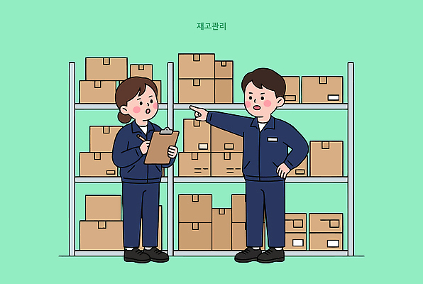 일러스트 선반 관리 대화 두명 상자 가리킴 메모지 업무 작업 상품 창고 직원 확인 점검 재고정리 재고 국내일러스트 AI파일 가구 말하기 사람 손짓 사무용품 파일형식 벡터 생활용품 모션 문구용품 오브젝트