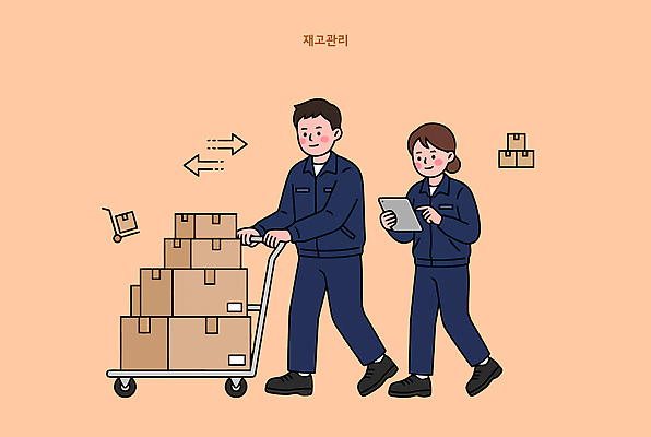 일러스트 협력 관리 두명 상자 태블릿 카트 업무 작업 운반 상품 창고 직원 오브젝트 물류 도와주기 재고정리 재고 국내일러스트 AI파일 사람 전자제품 스마트기기 파일형식 벡터