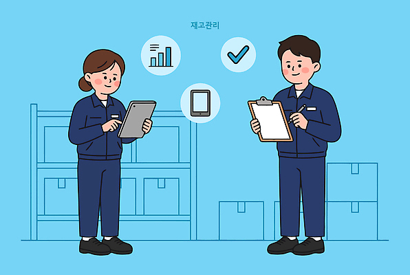 일러스트 관리 두명 태블릿 펜 자료 기록 업무 사무 분석 창고 직원 체크 시스템 점검 서류판 재고정리 재고 국내일러스트 AI파일 컨셉 사람 전자제품 스마트기기 필기구 사무용품 작업 상품 파일형식 벡터