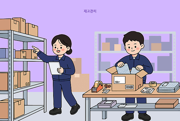 여자 남자 일러스트 포장 선반 관리 작업복 두명 상자 공간 업무 작업 상품 창고 직원 오브젝트 확인 준비 정리 재고정리 재고 국내일러스트 AI파일 옷 가구 사람 파일형식 벡터