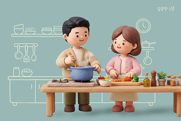 PSD 편집이미지 부부 여자 남자 음식 재료 주방용품 양파 요리 두명 주방 요리사 당근 냄비 준비 신혼 파 손질 편집3D 직업 커플 생활용품 채소 뿌리채소 사람 3D 솥 파일형식