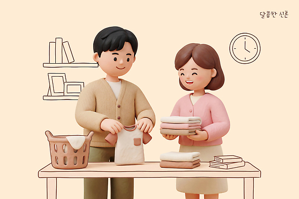 PSD 편집이미지 부부 옷 여자 남자 시계 가정 책장 실내 두명 수건 신혼 정리 편집3D 커플 가구 사람 내부 위생용품 3D 파일형식