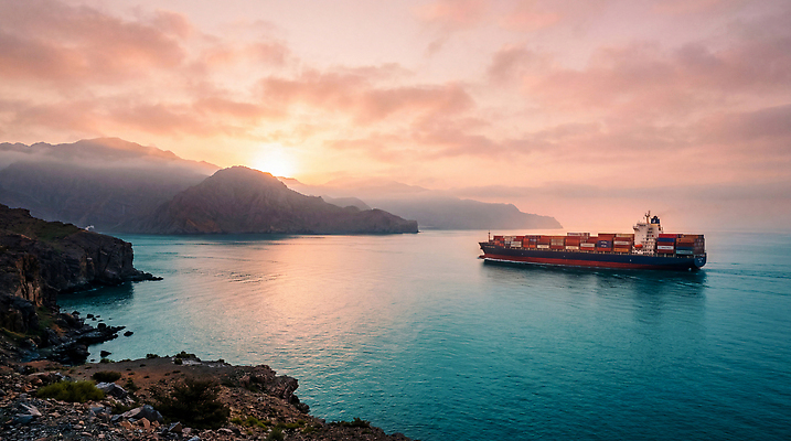자연요소 컨셉 수상교통 노을 배 CG 선박 파일형식 AI콘텐츠 화물선 바다 일출 항해 산 풍경 물 호르무즈해협 사회이슈 JPG 편집이미지 편집실사 AI포토