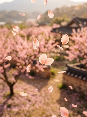 JPG 나무 편집이미지 꽃잎 꽃 자연 한옥 한국 풍경 햇빛 정원 봄 벚꽃 떨어짐 편집실사 AI컴퓨터그래픽 AI콘텐츠 식물 한국전통 계절 아시아 컨셉 고건축 빛 CG 생태계 파일형식