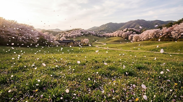 JPG 편집이미지 꽃잎 자연 하늘 바람 산 풍경 잔디 초원 봄 벚꽃 편집실사 AI컴퓨터그래픽 AI콘텐츠 자연요소 식물 계절 꽃 날씨 CG 생태계 파일형식