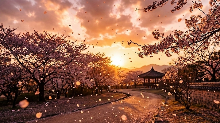 JPG 나무 편집이미지 꽃잎 날리기 바람 풍경 태양 노을 봄 벚꽃 저녁 정자 편집실사 AI컴퓨터그래픽 AI콘텐츠 자연요소 식물 계절 꽃 모션 날씨 밤 야간 CG 파일형식