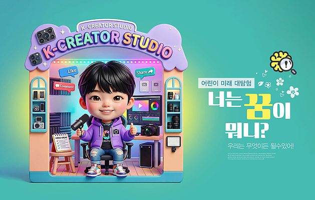 PSD 편집이미지 직업 어린이 스튜디오 컴퓨터 카메라 꿈 장비 마이크 장래희망 장래 소통 방송장비 콘텐츠 크리에이터 유튜버 이미지편집 음향기기 컨셉 사람 전자제품 파일형식 1인미디어