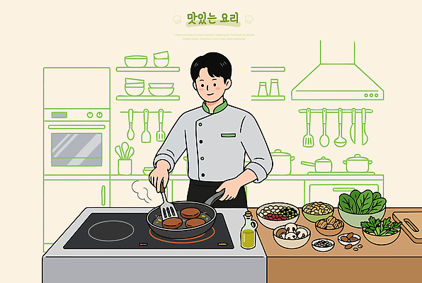 식기 남자 음식 일러스트 재료 주방용품 요리 주방 요리사 버섯 프라이팬 올리브오일 레시피 패티 국내일러스트 AI파일 직업 생활용품 사람 기름 파일형식 벡터 오브젝트