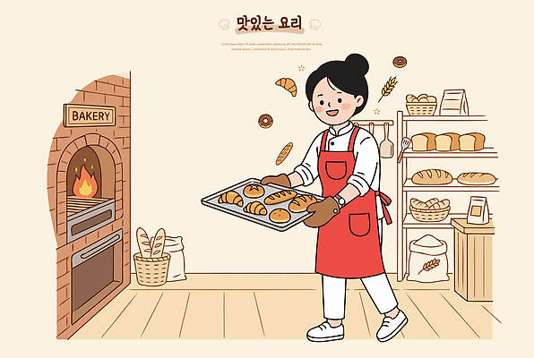 여자 음식 빵 일러스트 재료 디저트 요리 판매 주방 빵집 오븐 즐거움 제빵 제빵사 국내일러스트 AI파일 직업 감정 사람 제과제빵 상점 가전제품 파일형식 벡터