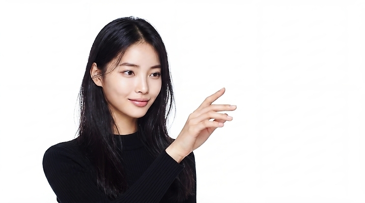 JPG 편집이미지 여자 포즈 손가락 미소 웃음 사람 상반신 손뻗기 의료성형뷰티 편집실사 AI인물포토 AI콘텐츠 손 모션 표정 CG 파일형식 AI포토