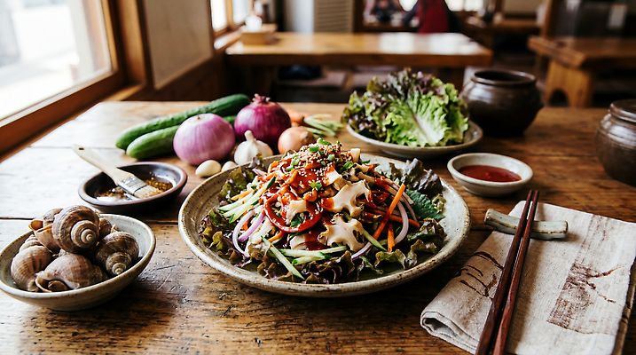 JPG 편집이미지 음식 채소 젓가락 식탁 양파 오이 요리 신선 소스 소라 상추 해산물 숙회 초고추장 편집실사 AI포토 AI콘텐츠 탁자 어패류 수저 양념 CG 파일형식 동물 식기 가구 생활용품 오브젝트