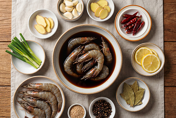 JPG 편집이미지 한식 재료 고추 새우 마늘 요리 맛 레몬 해산물 간장 생강 새우장 편집실사 AI포토 AI콘텐츠 음식 컨셉 채소 과일 갑각류 양념 CG 파일형식 동물