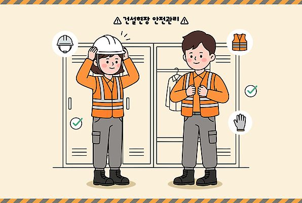 여자 교육 남자 건축 일러스트 관리 안전 사람 장비 건설현장 조끼 작업 보호 헬멧 사건 집중 예방 산업안전 규정 국내일러스트 AI파일 산업 컨셉 건설업 외투 보호장비 파일형식 벡터 상의 옷