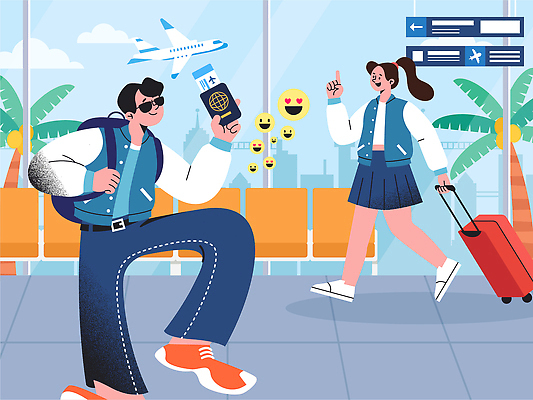 여자 남자 여행 의자 일러스트 휴식 비행기 취미 친구 캐리어 짐 공항 출발 여권 연휴 여행준비 출국 국내일러스트 AI파일 가구 컨셉 관계 항공교통 교통시설 대중교통 사람 공휴일 여행가방 준비 파일형식 벡터