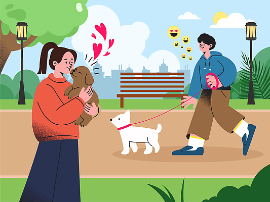 나무 공원 남자 행복 벤치 일러스트 관계 놀이 휴식 사랑 웃음 사람 취미 여름 반려동물 산책 강아지 즐거움 목줄 국내일러스트 AI파일 식물 동물 계절 공공시설 감정 컨셉 의자 표정 개 파일형식 벡터 반려용품