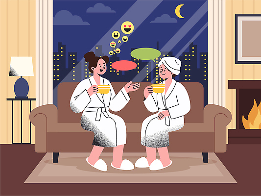 여유 거실 야경 일러스트 호텔 휴식 함께함 이야기 대화 웃음 취미 친구 소파 도시 가운 밤 편안함 즐거움 담소 국내일러스트 AI파일 옷 감정 컨셉 의자 관계 숙소 표정 말하기 풍경 감각 야간 파일형식 벡터
