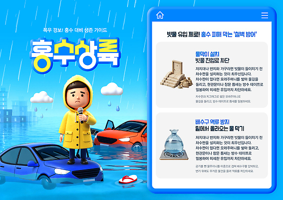 PSD 템플릿 남자 자동차 안내 경고 안전 피해 정보 도시 기자 위험 홍수 준비 예방 우비 대피 행동요령 침수차 이미지템플릿 직업 옷 육상교통 컨셉 사람 자연재해 파일형식