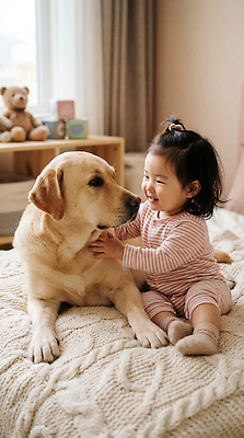 JPG 편집이미지 여자 반려견 가족 놀이 실내 사랑 웃음 친구 장난감 아기 강아지 편안함 래브라도리트리버 즐거움 교감 의료성형뷰티 안락 편집실사 AI인물포토 AI콘텐츠 감정 컨셉 관계 표정 사람 내부 반려동물 감각 개 리트리버 CG 파일형식 AI포토