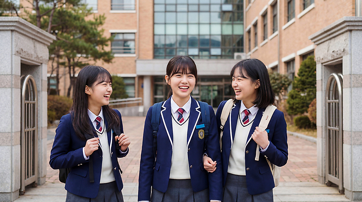 JPG 편집이미지 학생 여학생 여자 교육 교복 가방 고등학생 고등학교 대화 웃음 친구 그룹 즐거움 소통 정문 의료성형뷰티 편집실사 AI인물포토 AI콘텐츠 잡화 옷 감정 컨셉 학교 관계 청소년 표정 말하기 사람 문 CG 파일형식 AI포토