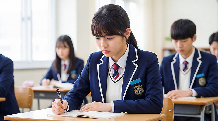 JPG 편집이미지 학생 여자 교육 남자 교복 교실 학교 고등학생 학습 공책 시험 집중 책상 성적 의료성형뷰티 편집실사 AI인물포토 AI콘텐츠 옷 가구 컨셉 청소년 문구용품 사람 CG 파일형식 AI포토