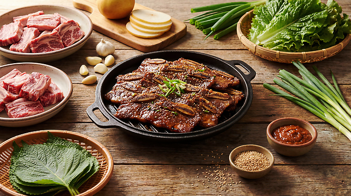 JPG 편집이미지 한식 채소 재료 마늘 육류 맛 상추 구이 깻잎 LA갈비 편집실사 AI포토 AI콘텐츠 음식 컨셉 식재료 소고기 CG 파일형식